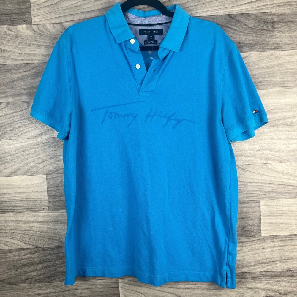 Tommy Hilfiger Custom Fit Polo Shirt Womens L Blue Short Sleeve 100% Cotton